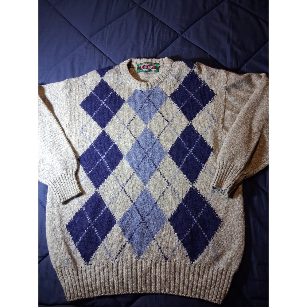 Shannon Traders‎ Ireland Mens XL Argyle Wool Sweater Beige Blue Crewneck Knit